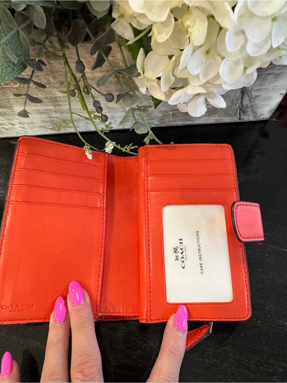 COACH Signature PVC Medium Snap Wallet Khaki Bright Coral Orange - Picture 8 of 10